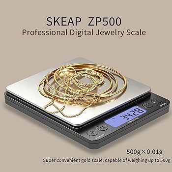 A SKEAP ZP500 digital jewelry scale weighing several gold necklaces and rings.