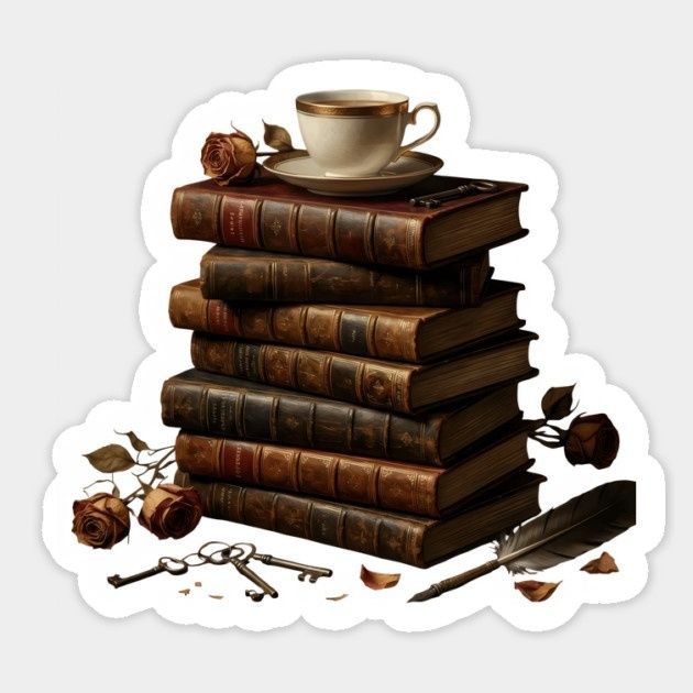 Stack of classic-looking books with coffee, roses, keys, and a quill